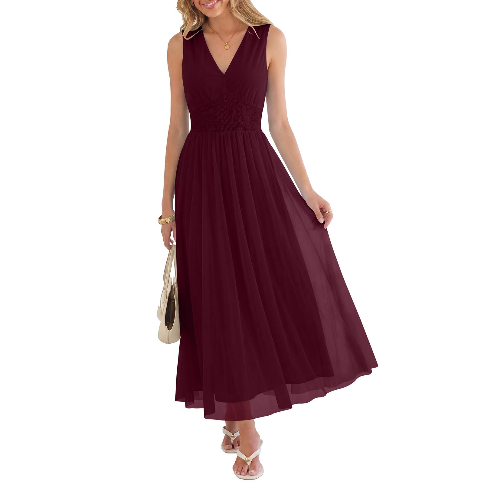 

Sleeveless Women s Dress Casual Flowy A-Line Midi Dresses With Pockets Crewneck Beach Sundress XL винний