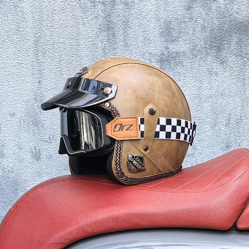 Retro Motorcycle Helmet PU Leather Open 3/4 Chopper Bicycle Helmet CapacetDOT Certification