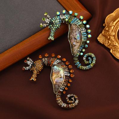 Vintage Rhinestone Hippocampus Brooch for Women Men Animal Party Office Pin Gifts Jewelry