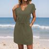 Women's Summer V-Neck Short Sleeve Drawstring With Pocket Color Casual Dresses
