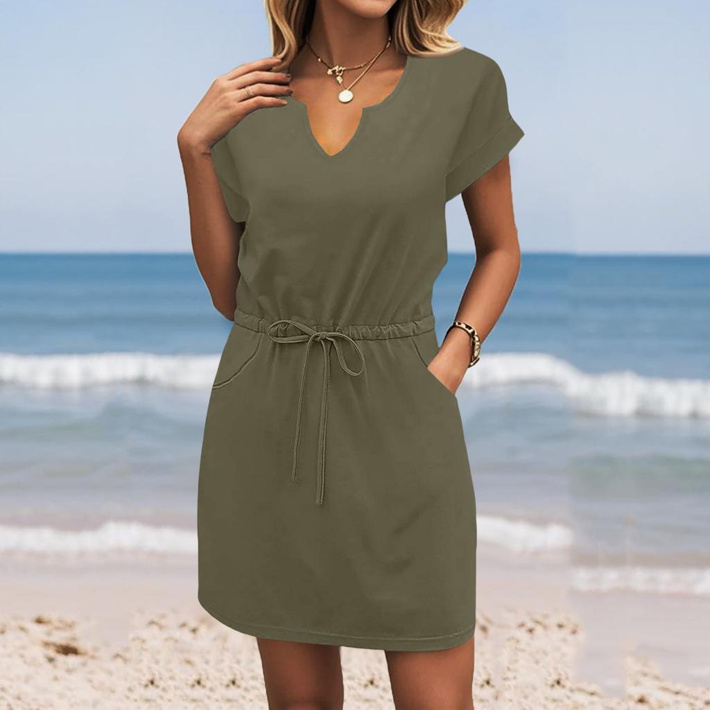 Women's Summer V-Neck Short Sleeve Drawstring With Pocket Color Casual Dresses