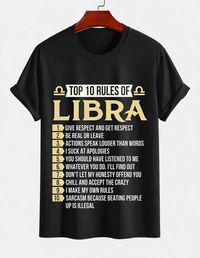 2026 New Pure Cotton Tshirt Libra Top Ten Rules Astrology Print Crew Neck Short Sleeve Casual Top