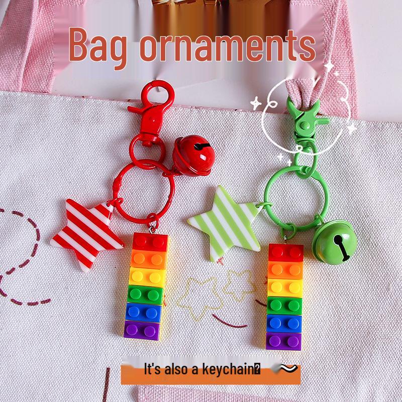 Korean Colorful Striped Star Bell Keychain Pendant - Rainbow Backpack Charm Gift