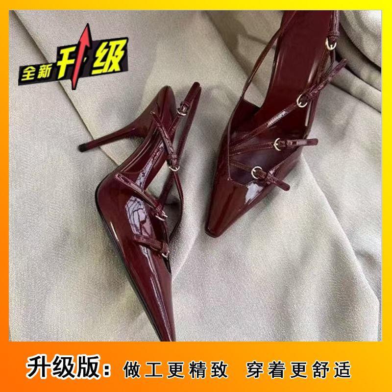 Patent Leather Thin Heel French High Heels Niche Design Sense 2025 Celebrity Word with Bag Head Sandals Empty Single Shoes Women