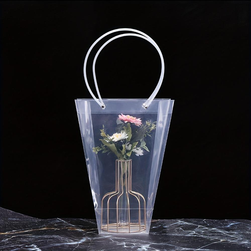 6 Stück langlebige, kristallklare, transparente Tragetaschen, durchsichtige Blumenstraußbeutel, Geschenktüten mit langen Griffen, elegante Blumenstraußverpackung und Geschenkverpackung