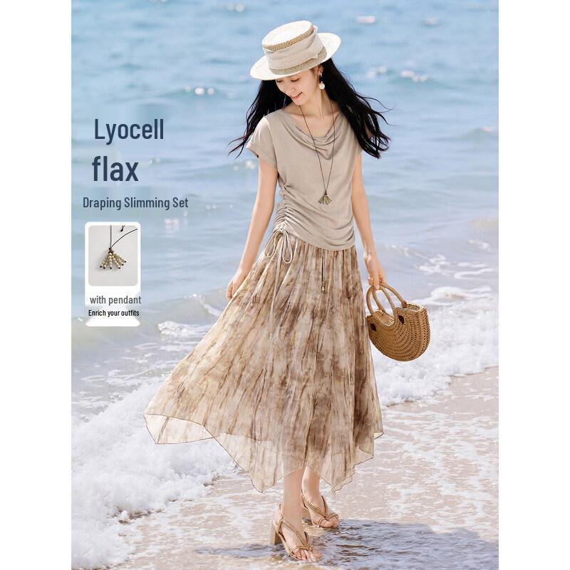 XWI Women s Summer Lyocell Linen Blend Cowl Neck Top & Skirt Set 2XL