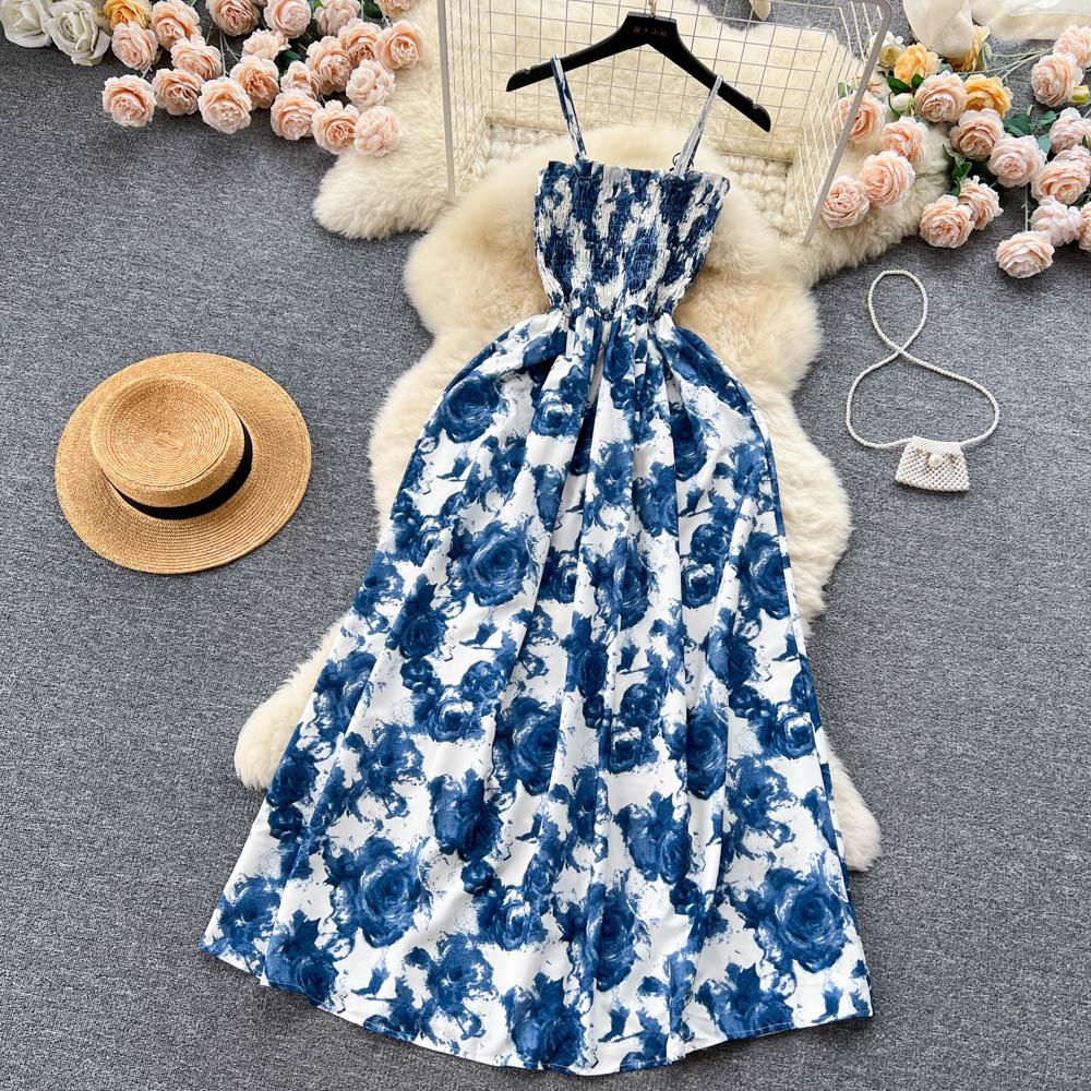 Koreansk stil for kvinner Rose Blomstertrykk Retro Festkjole Sommer Elastisk Høy midje Ferie Lang kjole Strand Vestido