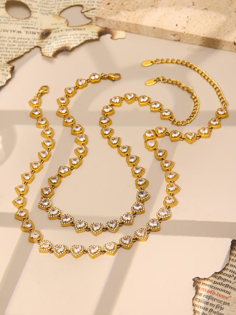 Stainless Steel Chain Necklace Bracelet With Heart Zircon For Women 18k Gold Plated Women's Necklaces Bracelets Luxury Zircon