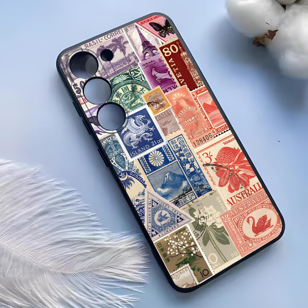 Vintage Stamps Phone Case For Samsung S25 Ultra S24 S23 S22 S21 S20 Plus Fe Galaxy A54 A53 A34 A25 Silicone Cover
