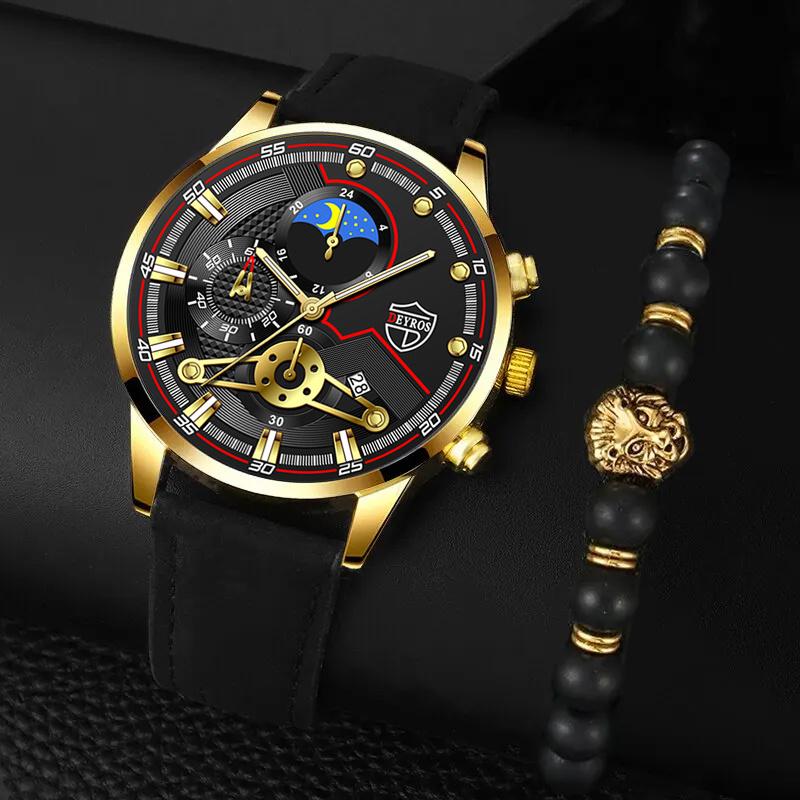 

2 шт. роскошные мужские кварцевые часы браслет часы набор для мужчин бизнес мода повседневные круглые указатель календарь часы