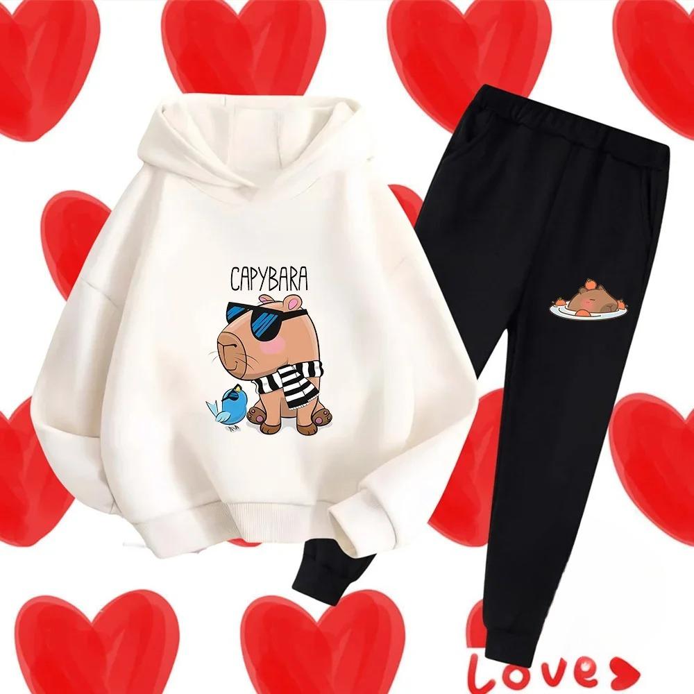 Autumn Winter New Capybara Cartoon Print Outfit Kids Hoodie Set Boys Girls 3-17 Casual Fashion Children's Set Trousers Pant Suit