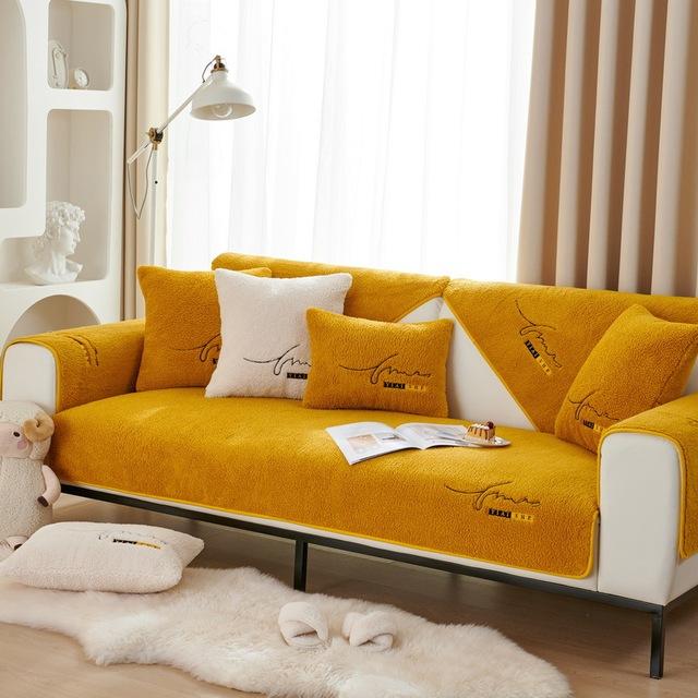 

Trendy Winter Thickened Warm Plush Quilted Sofa Cover Embroidery Lamb Velvet Non -Slip Sofa Towel Super Gentle Warm Sofa Cover L Shape 1 Pillowcase 45x45cm жёлтый
