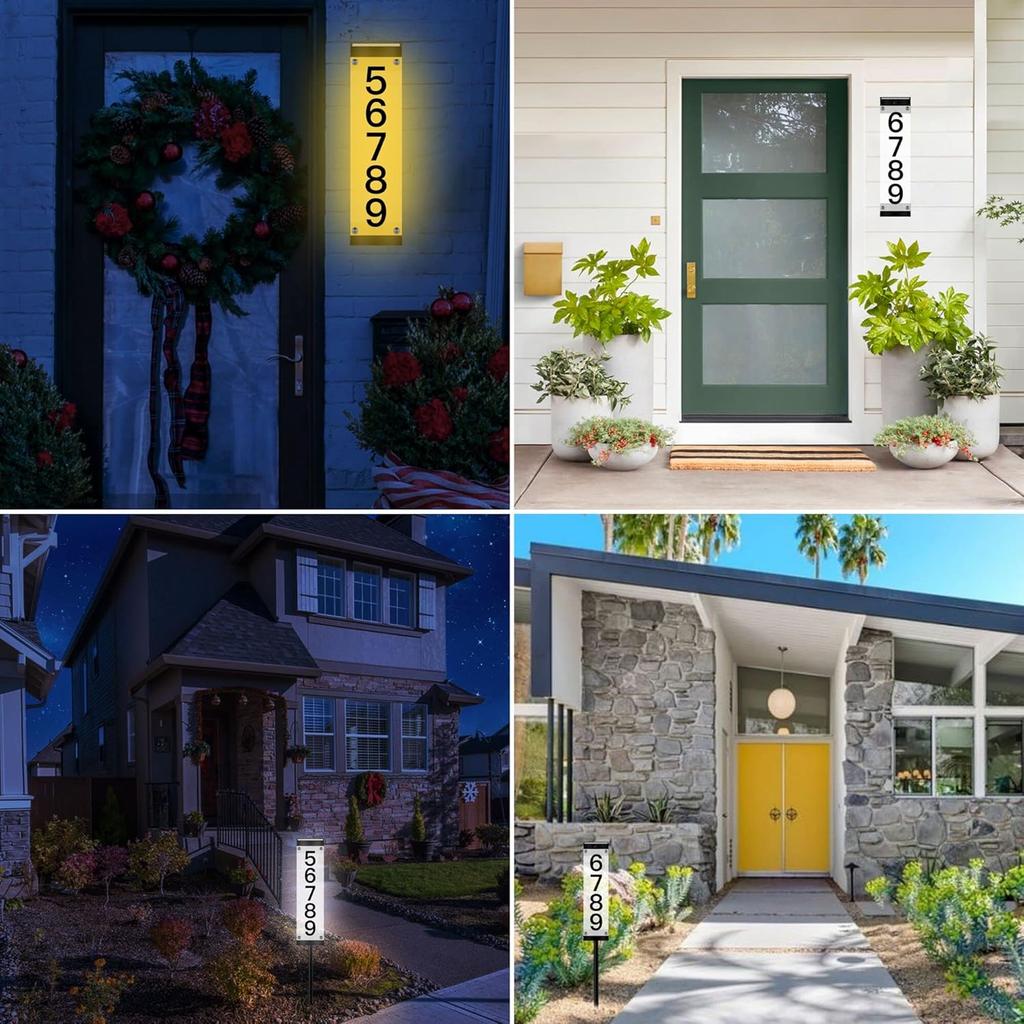 Solar House Numbers for Outside, Lighted Solar Address Sign Plaque Address Numbers for Houses Waterproof LED Solar Powered Address Sign with Stakes