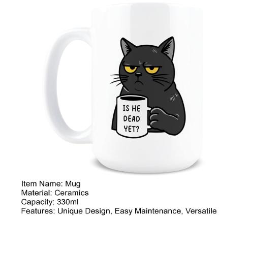 Keramický hrnek na kávu Už je mrtvý? 330 ml Novinkový hrnek Design černé kočky Hrnek na čaj Kofeinový postojový hrnek pro kancelářské domácí použití