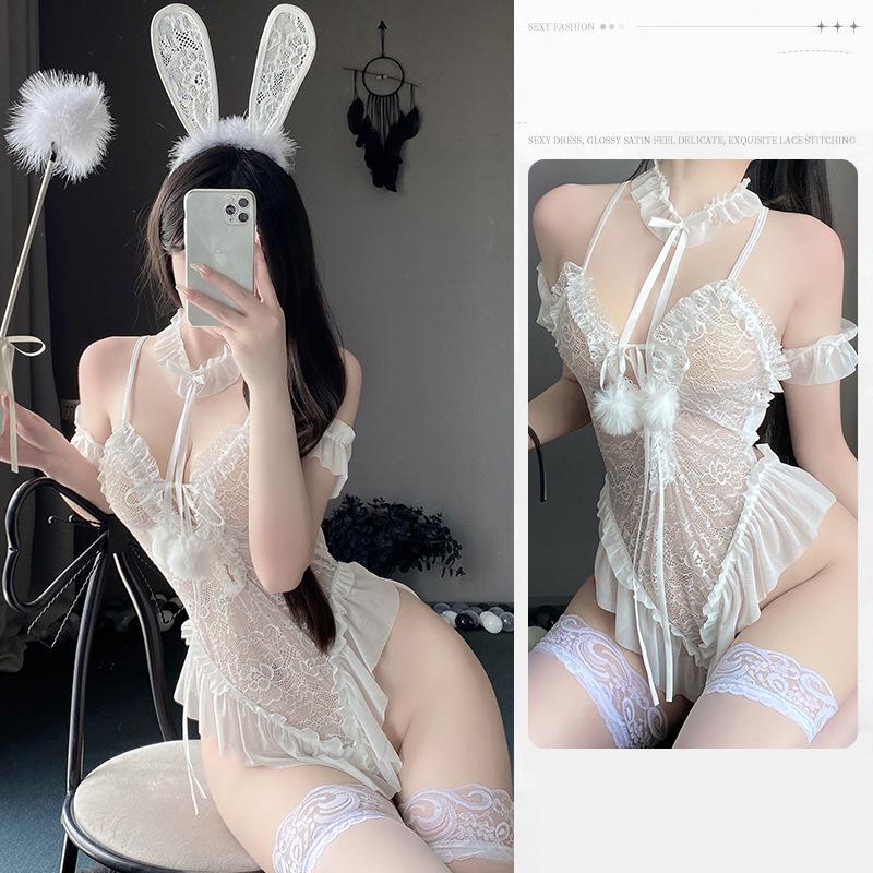 Sexy Crotchless Lingerie Women Hollow Lace Open Porno Bodysuit Erotic Pajamas Teddy Babydoll Dress Deep V Open Bra Underwear Set