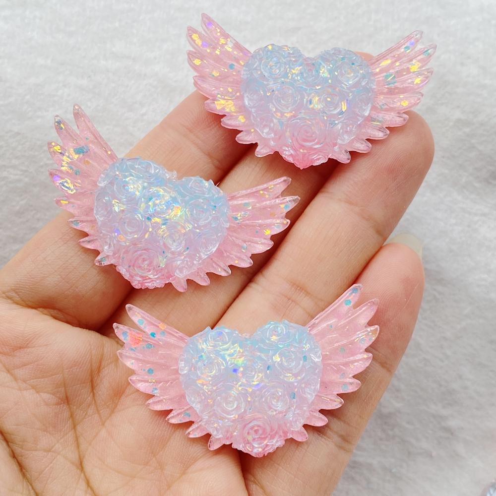 

6Pcs Cute Resin Sparkling Colored Rose With Heart-shaped Wings Flat back Scrapbooking DIY Jewelry Craft Decoration Accessories