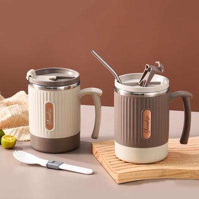 Cană portabilă nouă 2024 din oțel inoxidabil 304, 400ML, echipată cu lingură pliabilă și pai pentru amestecare ușoară, pentru acasă și birou