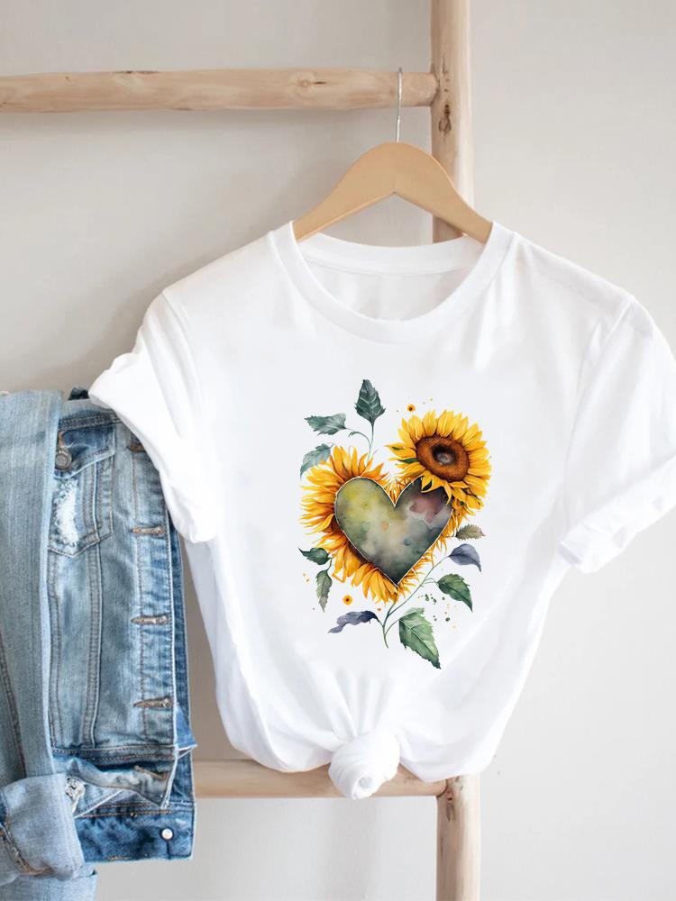 Women's Short-sleeved T-shirt, Fashionable Flower Print Bottoming Shirt