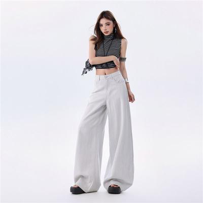 Spring Summer Thin Linen Cotton Textured Cool Old Money Drape Relaxed Wide Leg Casual Denim Pants For Women Casual Pants Oversize Denim Trousers