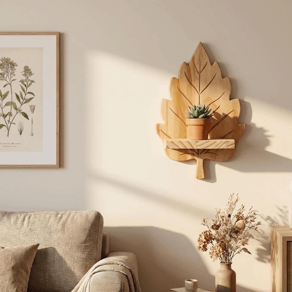 Nature Style Maple Leaf Wall Shelf Wooden Wall Mounted Leaf Shelf  for Living Room