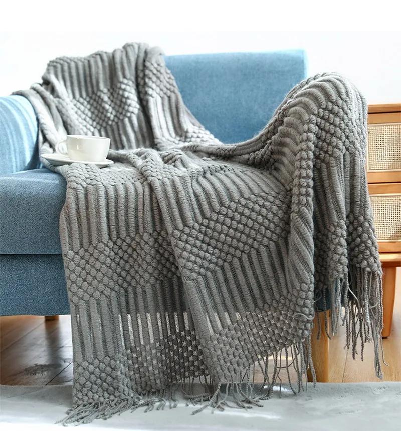 Luxury Solid Color Fringe Bean Blankets Tassels Knitted Throw Blanket Chunky Cozy Farmhouse Gift All Season Comfort For Home