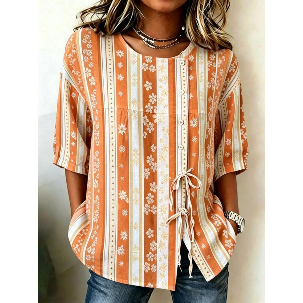 Women's Neutral Floral & Stripe Print Button & Tie Front Blouse, Casual Stylish Top for Spring Summer Daily & Versatile Wear