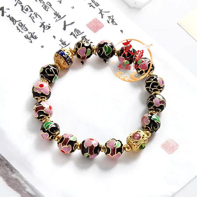 Black Cloisonné Enamel Blooming Flowers Bracelet with Gold Foil Ash Porcelain Glaze