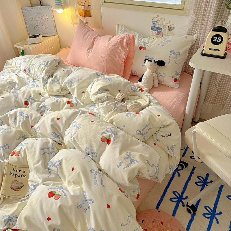 INS Cartoon Pattern Bedding Set For adults kids Fluffy pink lovely Flat Sheet With Pillowcases Colorful King Queen Full size