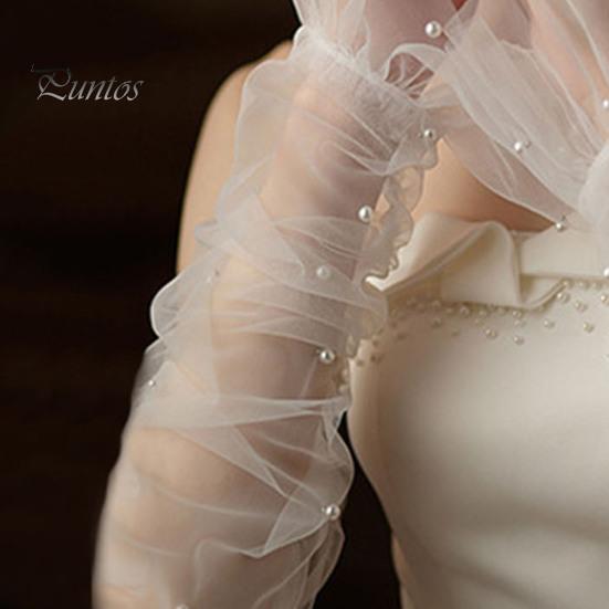 1 Pair Women Prom Arm Covers See-through Lace Faux Pearl Decor Thin Ruffle Pleated Fingerless Literary Style Performances Bride Wedding Photo Prop