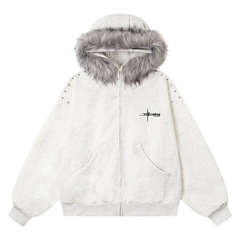 Unisex Oversized Hooded Zip-Up Sweatshirt With Faux Fur Trim Casual Winter Streetwear Top