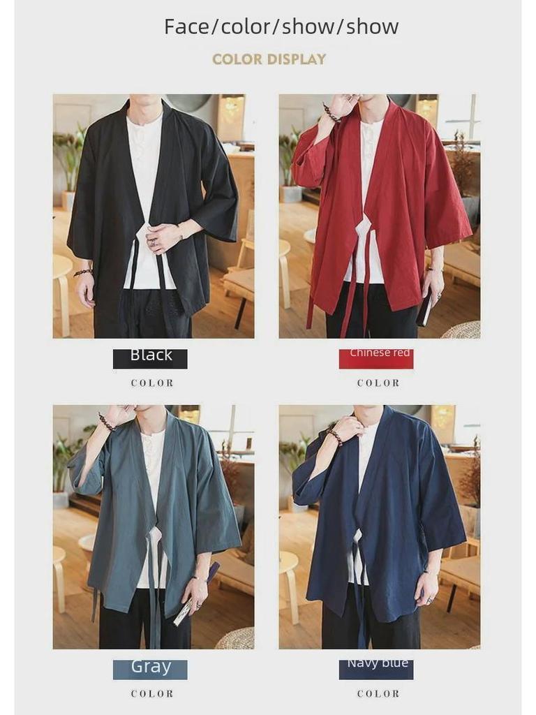 Men's Zen Buddhist Hanfu Jacket: Three-Quarter Sleeves, Slanting Collar, Summer Style, Ancient Chinese Tea Clothing, Cotton & Linen Taoist Robe.
