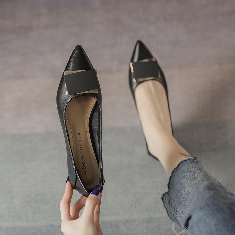 Women's Soft Leather Pointed Toe Mid-Heel Buckle Shoes for Spring/Autumn