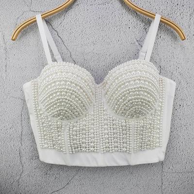 Fashionable Versatile Backless Design Halter Neckline Top with Pearl Beads and Sequins Strapless Youthful Short-sleeve Tank Top Camis & Tank Tops
