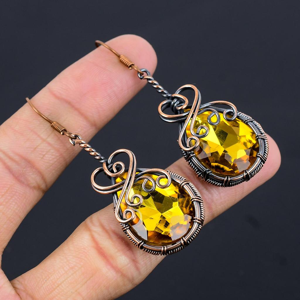 Citrine Earrings, 999 Copper Wire Wrapped Gemstone Jewelry, Handmade Earrings, For Thanksgiving