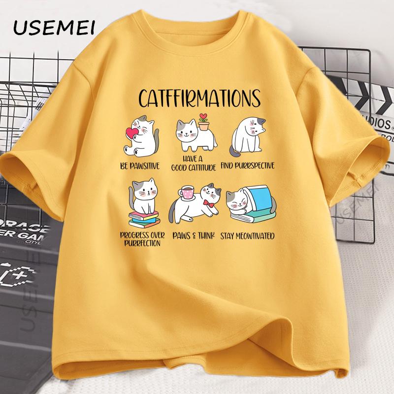 Positive Cats Catffirmations T-Shirt for Men Women Cat Lover Teacher T Shirt Funny Cat Graphic Tees Mens Designer Clothes Top