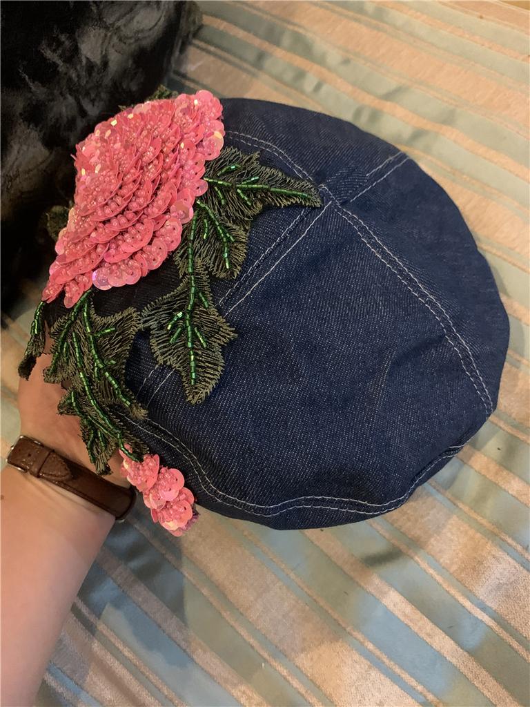 Ins Chic Design Style Spring Denim Pink Beaded Flowers Shine Luxury Lady Beret Cap Women Leisure Painter Hat