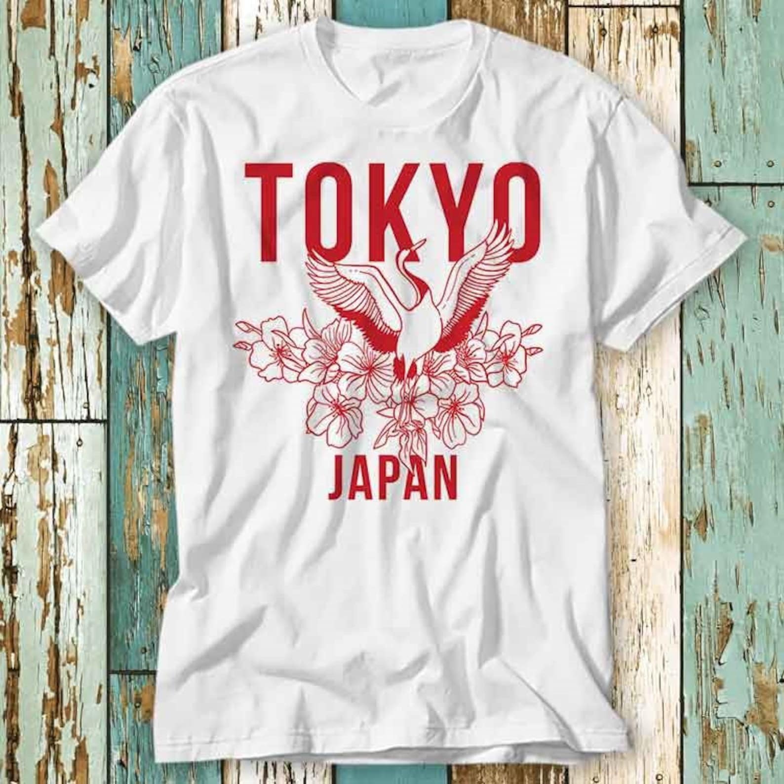Japanese Bird Tokyo Japan Flowers T-Shirt Top Design Unisex Ladies Mens Tee Retro Fashion Vintage Shirt S718 M