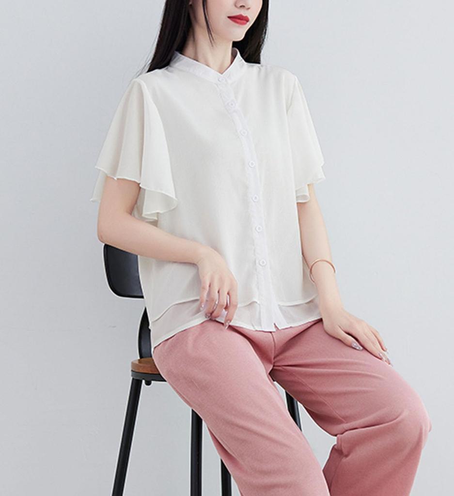 Shirt for Short Loose Large Size [EASTEMPO] Women, Sleeve, Summer, Stylish, Chiffon, Fit, Office, Thin, Plain, (JP, Alphabet, L, White)