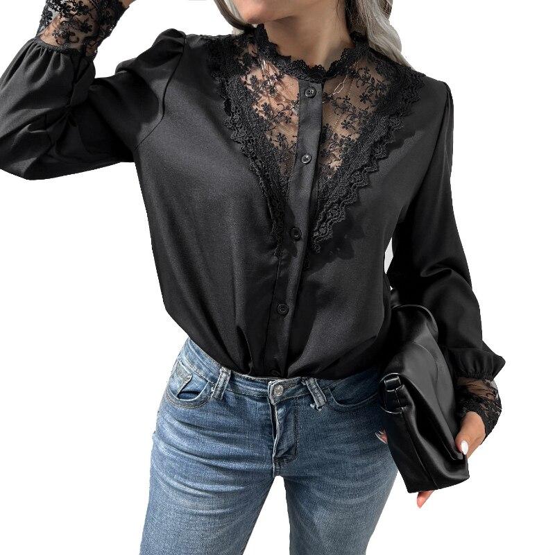 Vintage Embroidered Elegant Lace Blouse Women Lantern Sleeve Single-breasted Shirts For Women Fashion Casual Loose Tops 26218