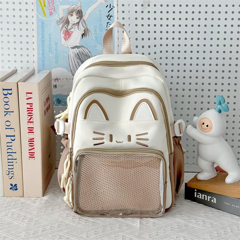 Zaino Gatto Kawaii Ita Bag Grande Capacità Zaino Scolastico in Nylon con Tasca Trasparente per Pin Zaino Anime Carino per Ragazze