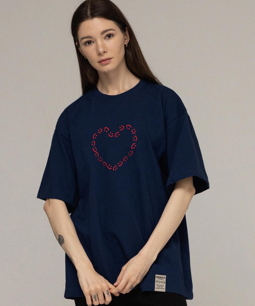 GRAVER [Unisex] Heart Drawing Smile Short Sleeve T-Shirt_Navy