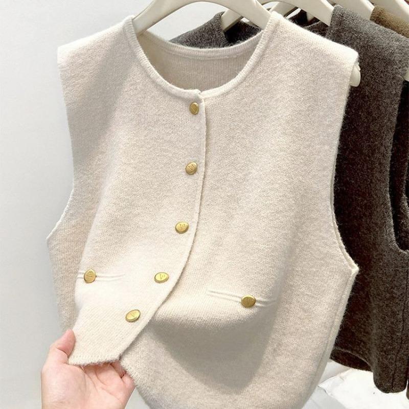 Knit Vest Women Cardigan Sweater Button Up Round Neck Sleeveless Round Neck Simplicity Casual Fashion Lady Top Female Vest Coat