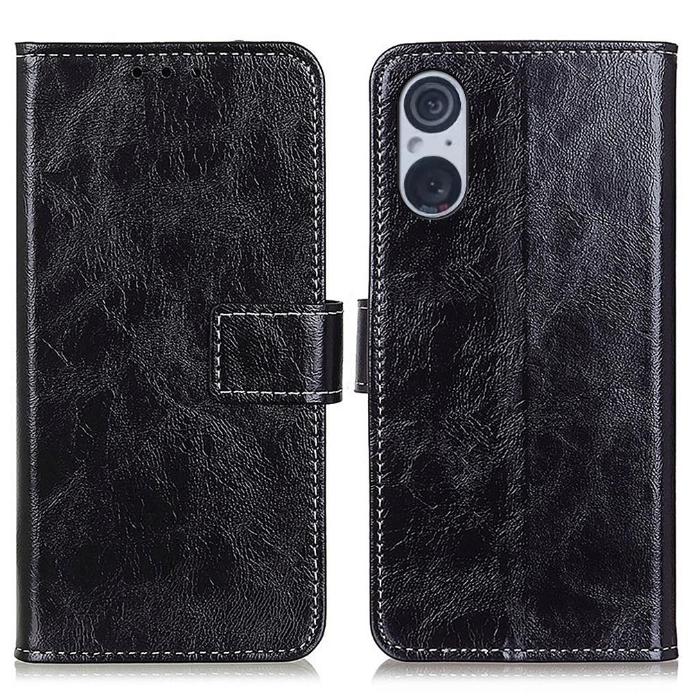 

For Sony Xperia 5 V Crazy Horse Texture PU Leather Shell Retro Wallet Stand Phone Cover Black
