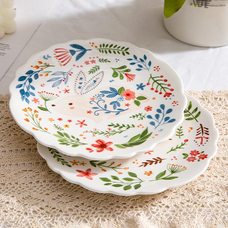 8 Zoll Bunter Hase Speiseteller Unterglasur Keramik Speisegeschirr Dessert Flache Platte Blume Häschen Geschirr Mikrowellengeeignet
