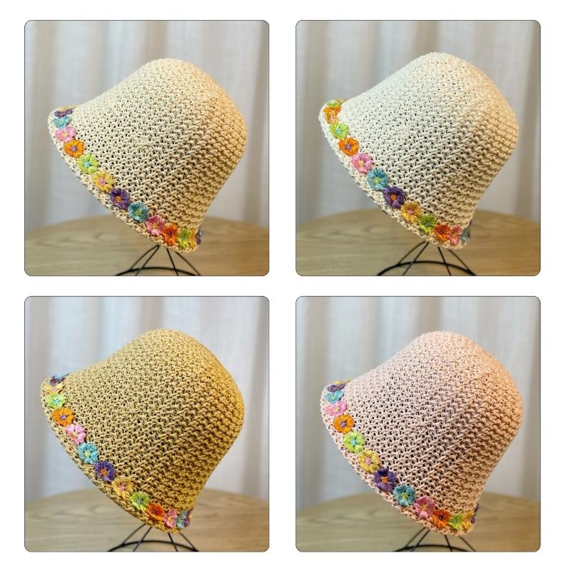 Crochet Bucket Hat with Flower Decals Summer Spring Bucket Hat Crochet Floppy Hat for Adult Teen Hat Knitted Sun Hat