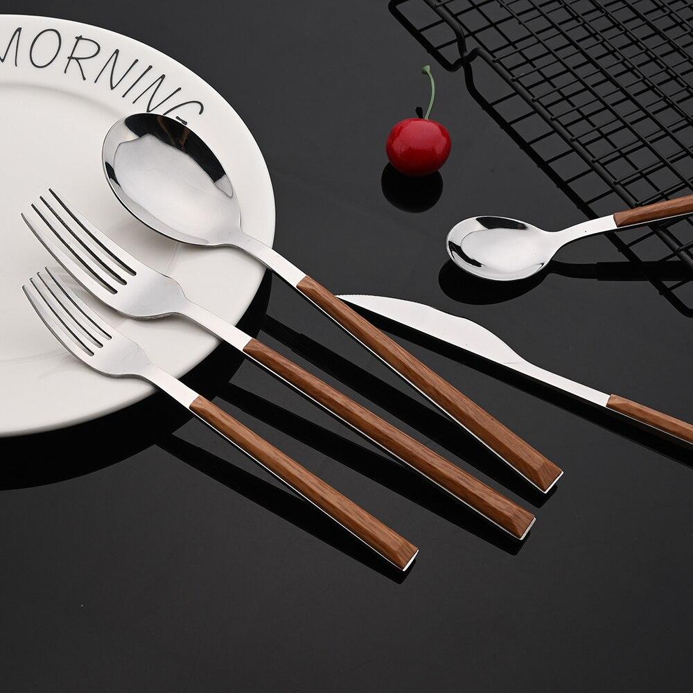 Westliches Geschirr-Set mit Holzgriff, Edelstahl, 10/20/30/40 Stück, Steaktisch, Messer, Gabel, Löffel, Dessertgabel, Besteck, Besteck