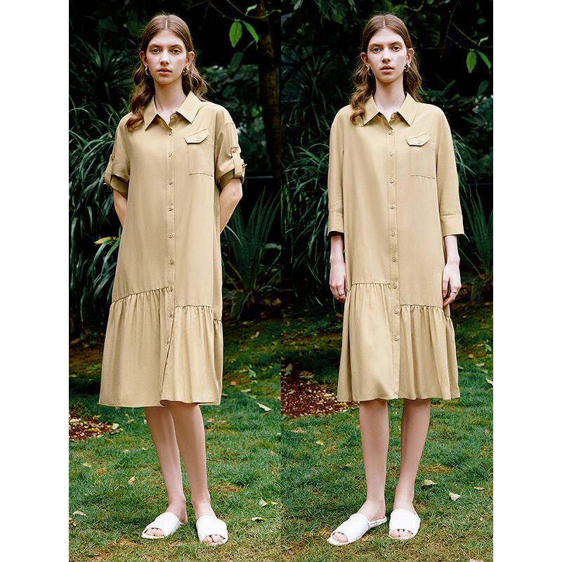 Women's Lyocell Tencel Polo Neck Shirt Midi Dress