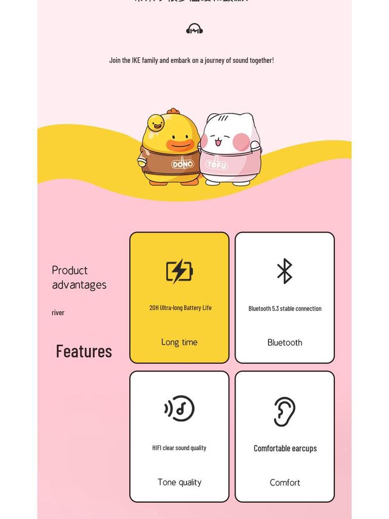 Women's Cartoon Wireless Bluetooth Over-Ear Headphones - Stereo Sound, Long Battery, 85dB