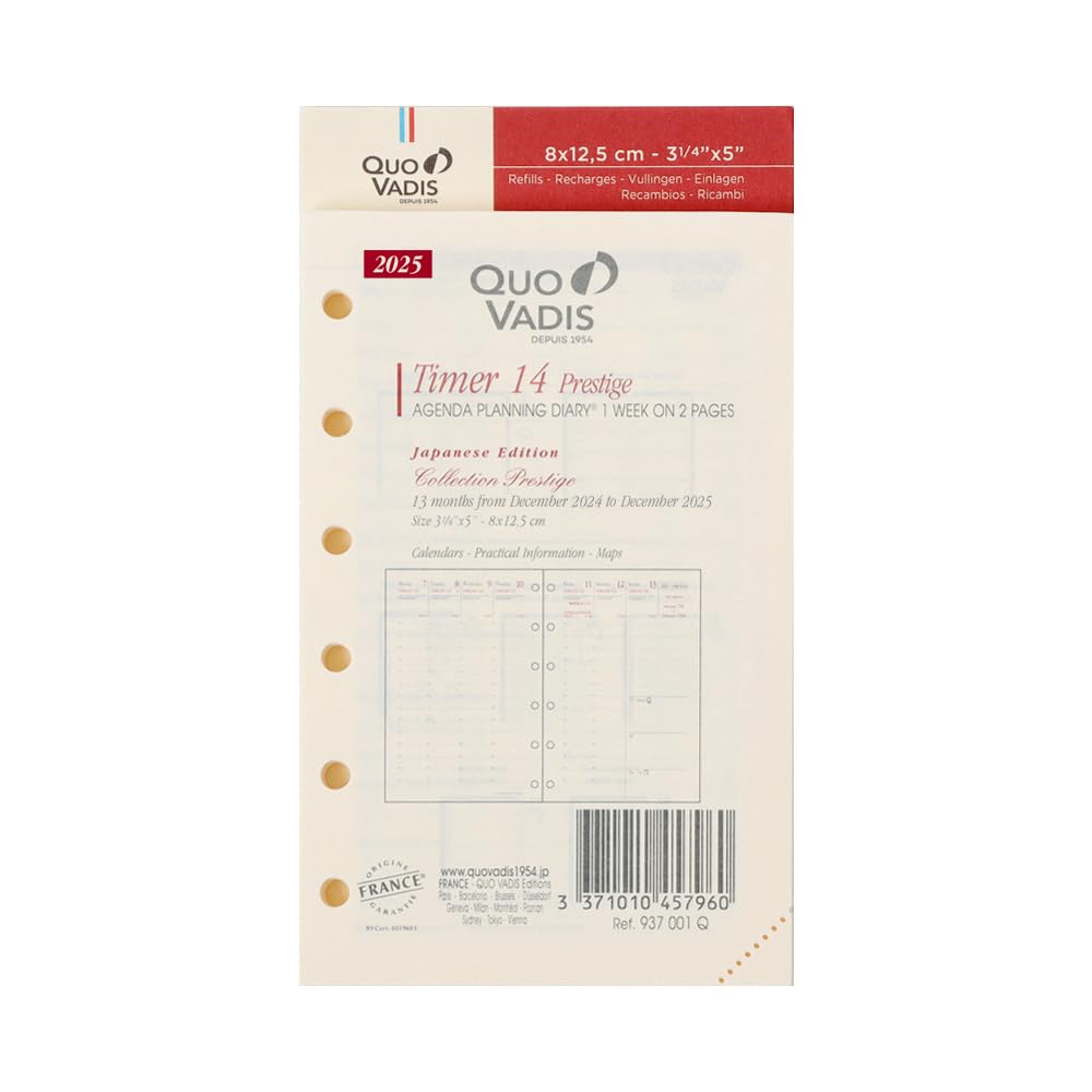 

QUO VADIS January Notebook Quo Vadis System Notebook Refill Weekly Vertical Type 8 x PEFC Certified qv937001 Ivory Paper [Starting 2025] Timer 14