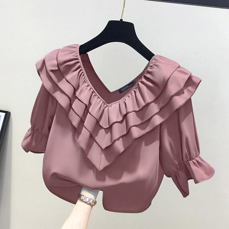 

ZANZEA Женская повседневная блузка с V-образным вырезом и рукавами 3/4 с оборками индийский красный